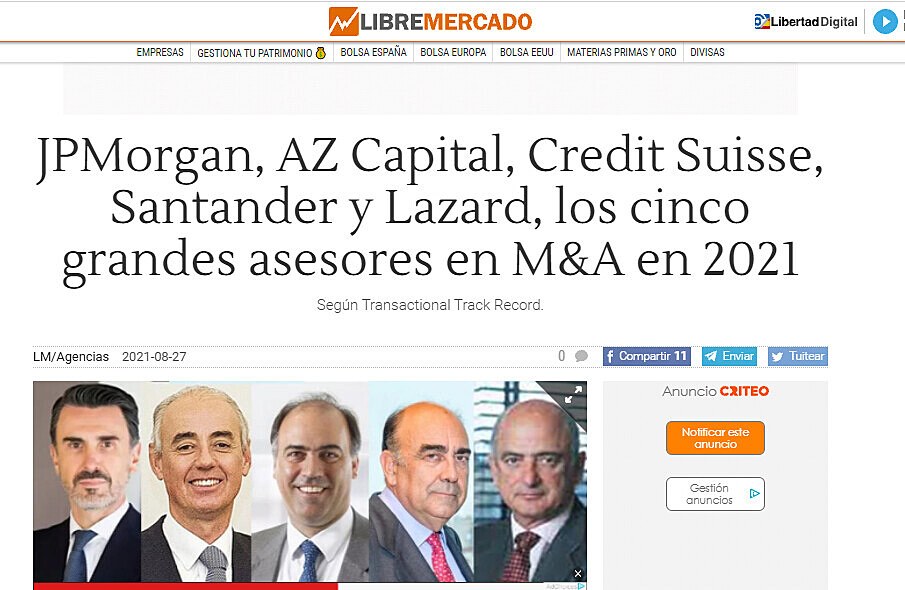 JPMorgan, AZ Capital, Credit Suisse, Santander y Lazard, los cinco grandes asesores en M&A en 2021